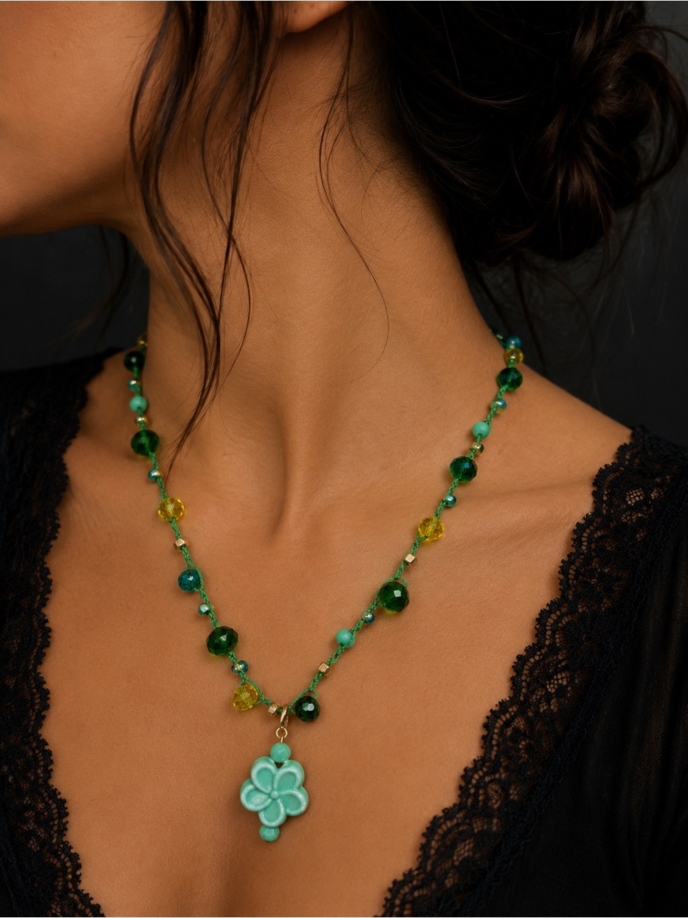 Green Crochet Flower Necklace | Handmade Beaded Fiber Necklace